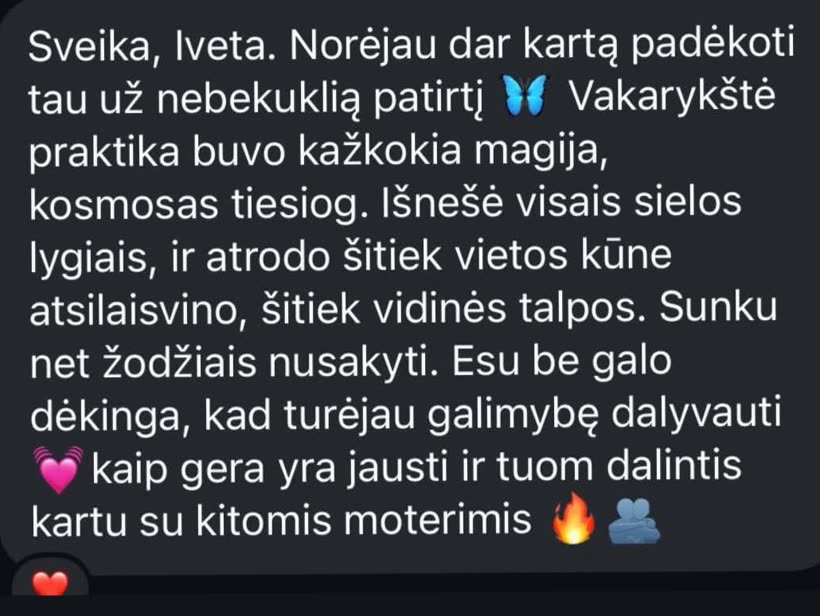 Dalyvės žinutė apie vidinę talpą po praktikos